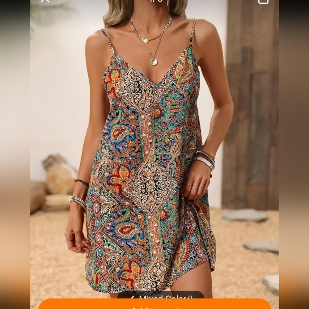 NWT Boho Summer Dress Vacation Dress Spaghetti Straps Mini Dress V-neck
